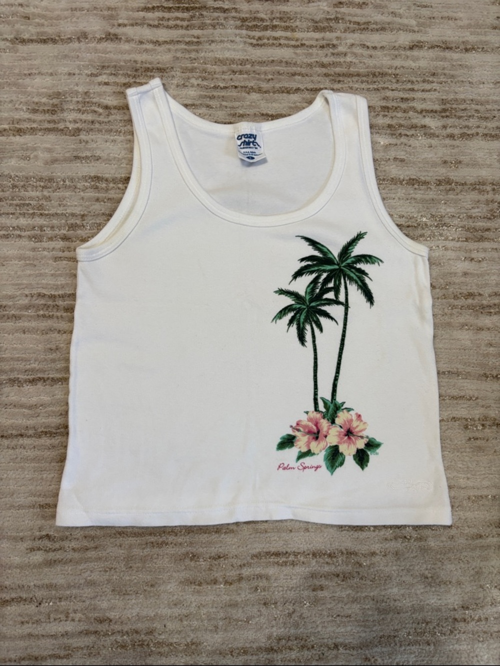 Vintage Crazy Shirts White Tank Top with Palm Tree & Hibiscus Print Size Small